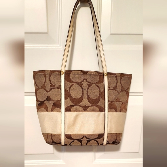 Coach Signature C Shoulder Tote Bag w/ Satin Stripe & Leather Trim 14" X 10" - Picture 3 of 14